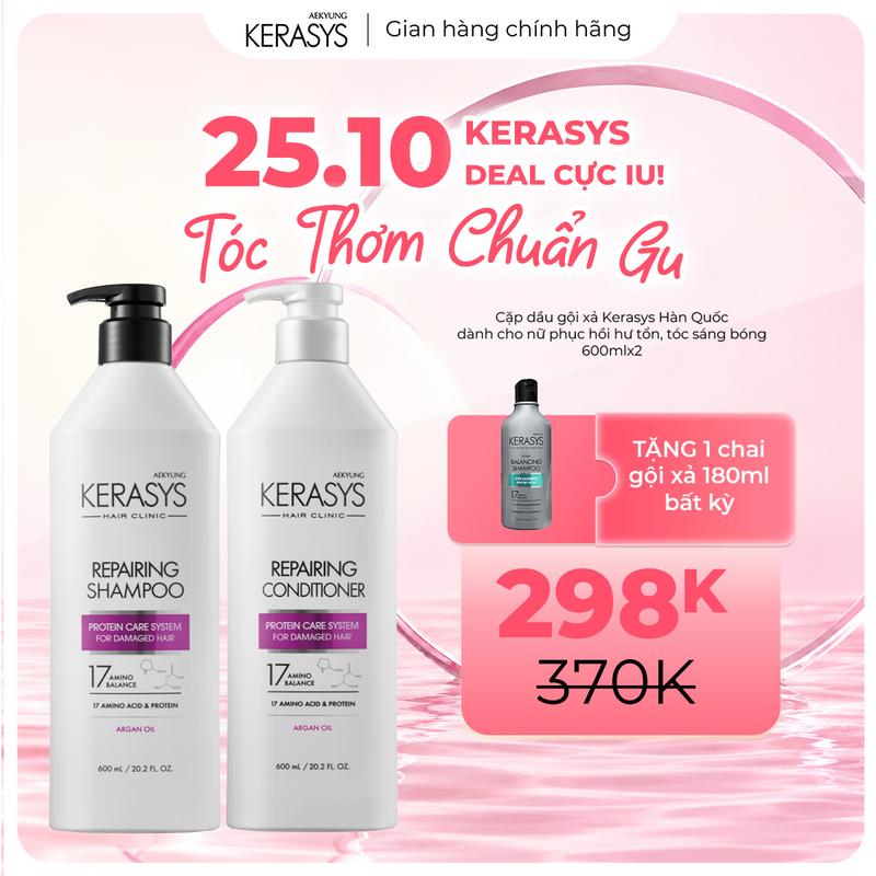 Cặp dầu gội xả Hàn Quốc phục hồi hư tổn, tóc sáng bóng dành cho tóc hư tổn nặng do xử lý nhiệt và hóa chất Kerasys Clinic Repairing 600mlx2