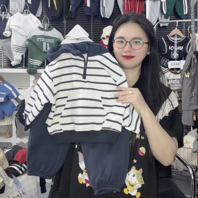    MỠ.KIDS   D78 SET bộ quần áo cổ tròn hoodie NỈ KẺ KHÓA CỔ chất nỉ xuất dư mềm size 10-28kg 