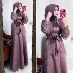 Fuji Dress Satu Set Inner Outer Kimono Faizso Fashion Gamis Muslim Wanita Pesta Kondangan Bridesmaid Wisuda Kombinasi Brokat Tile Akar Mewah Hijau Panjang
