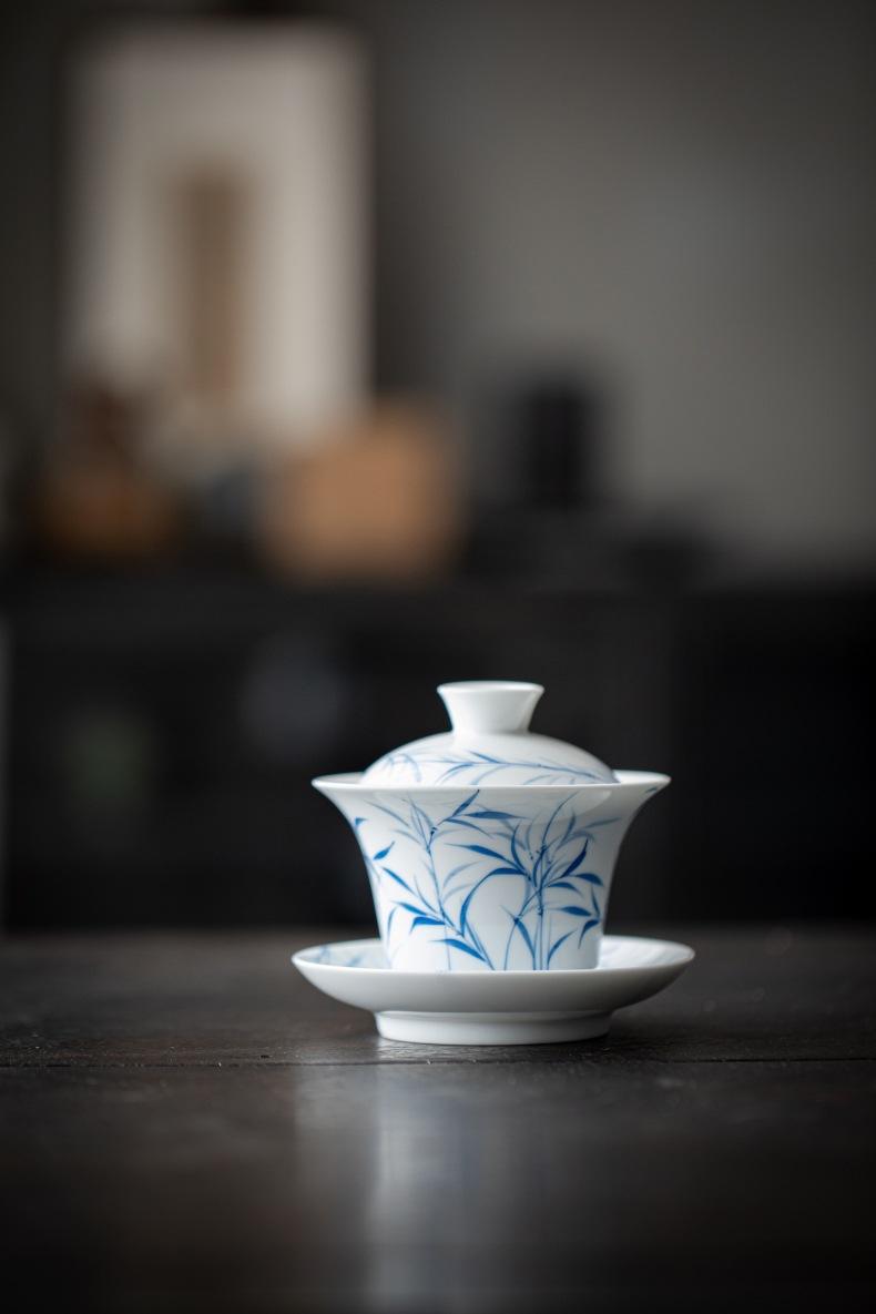 Product Introduction of Bamboo Sancai covered bowl hand-painted ceramic single large high-end Dehua white porcelain tea bowl Kung Fu tea set gift 18