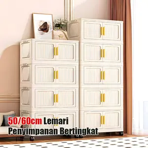 [COD] Rumara Lemari PutihHemat Ruang｜Lipat & Bergerak｜Wajib untuk Kamar | Handle Emas Elegan | Pintu Ganda + Roda｜2–6 Susun Opsional