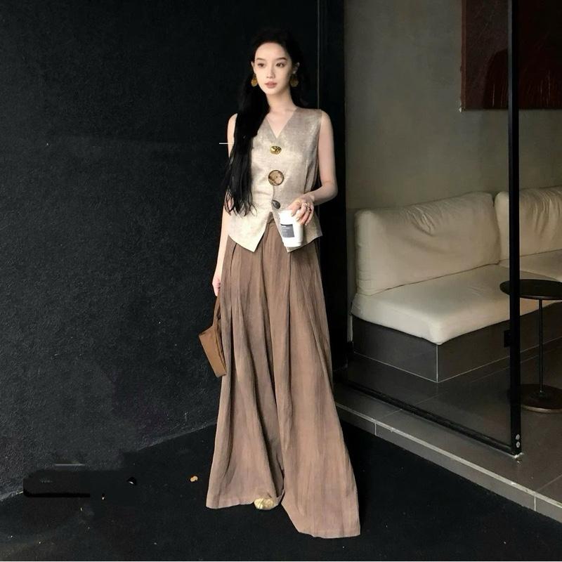 [Quần 100cm-102cm] Set Áo Gile Cột Nơ Lưng Đũi Vân Mây Mix Quần Ống Suông Xếp li “PARKA” hàng thiết kế 2 màu be,đen-Dành Cho Nữ