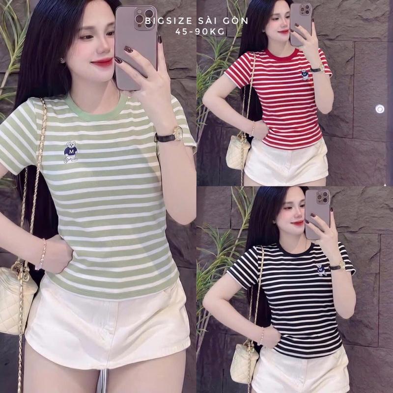 Bigsize Sài Gòn Áo Thun Nữ Cổ Tròn Vải Borit Sọc Thêu Gấu Cao Cấp Thanh Lịch Bigsize 45–90kg Dễ Thương Nữ Women Top Nhung - B.1764
