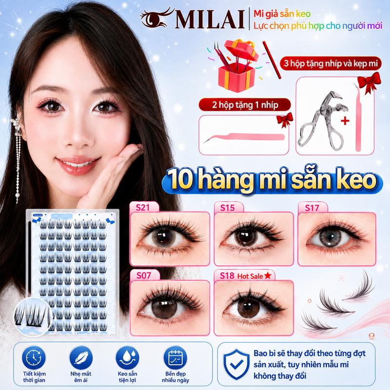 MILAI 10 bộ mi sẵn keo | Kiểu tự nhiên & dày đẹp | Mua từ 3 hộp tặng 1 nhíp + 1 kẹp mi