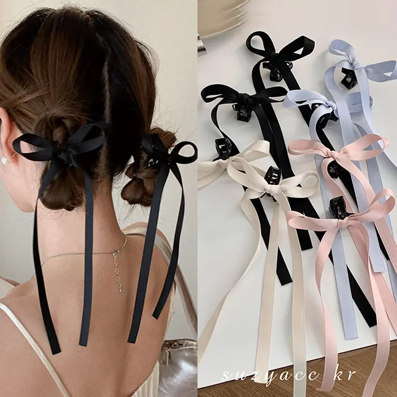 2pcs/pair Bowknot Hair Claw Sweet Silk Ribbon Streamer Hairpin Bang Clip  Girls Headwear Accessories