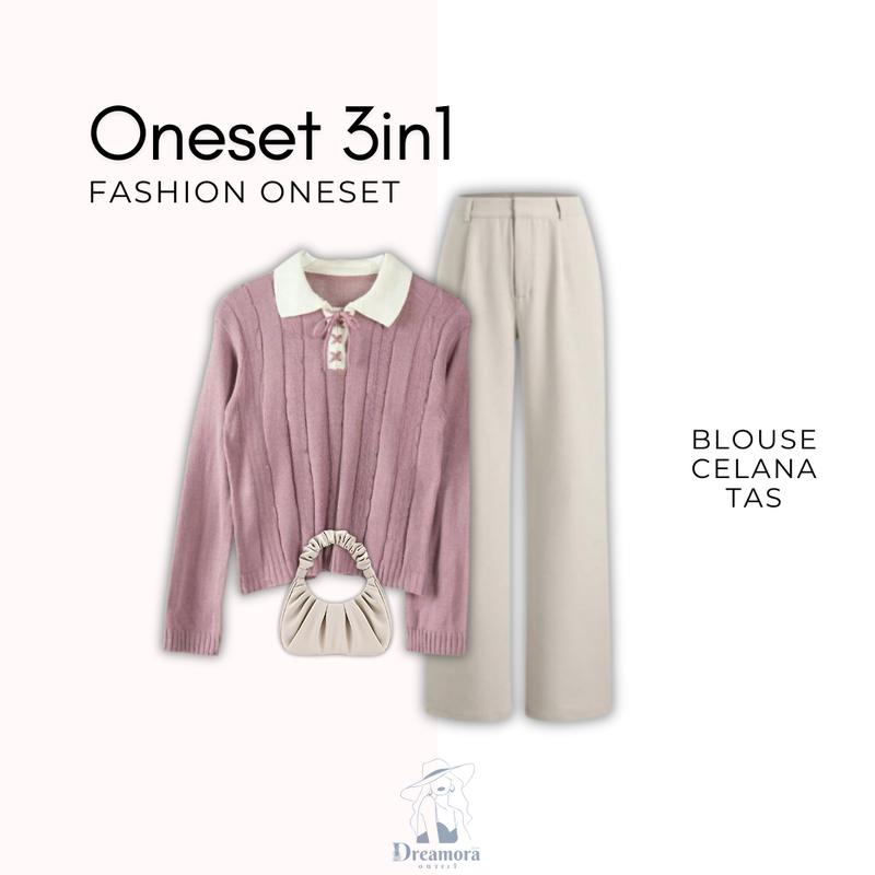 one set outfit remaja ( Blouse Coquette + Celana Ivory + Tas Aesthetic + Hijab ) Satu set DM019N Atasan Baju Muslim Nyaman Panjang Setelan Tebal Wanita 5