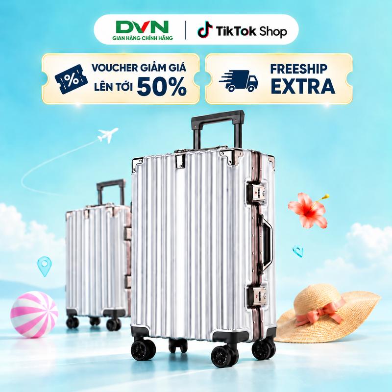 [DEAL MỞ BÁN] Vali Du Lịch Khung Nhôm DVN KN002 – Vali Khóa Sập Bo 4 Góc Kim Loại  Cao Cấp 20/24/28 Inch, Nhựa PC Nguyên Khối, Chống Va Đập, Bánh Xe 360°