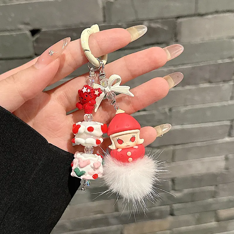 Authentic POP BEAN Labubu Diy Plush Ball Keychain Bowknot Bag Pendant Cute Phone Chain Handmade Decoration Gift Case Accessories
