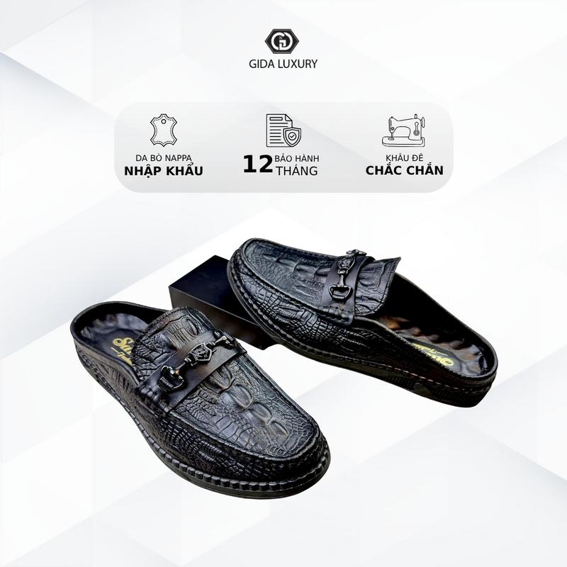 Giày lười sục nam da bò in vân cá sấu hở gót lỗ thoáng khí êm chân đế bằng giày sục Shoes DéP