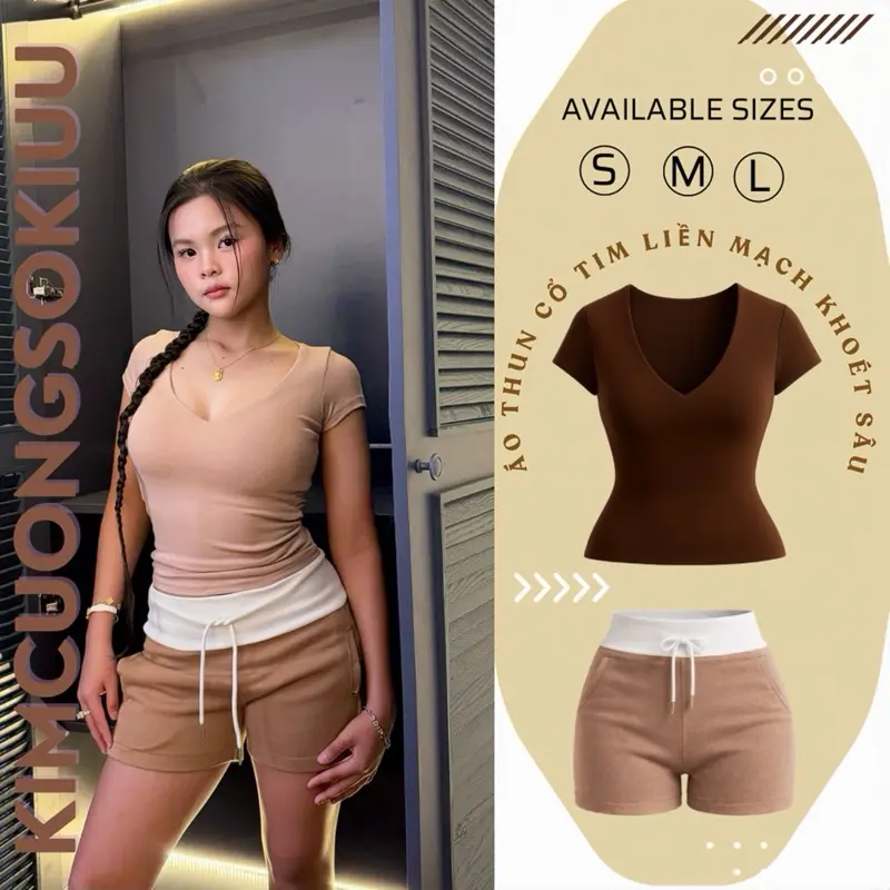 Áo thun cổ tim không viền may kimcuongsokiuu 2 lớp vải Women