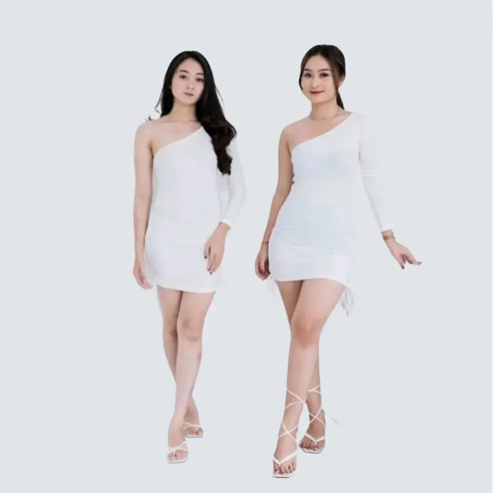 Dress Bodycon Lengan Satu Panjang Serut 2 Rib Tebal Super Premium - Bulat, Casual