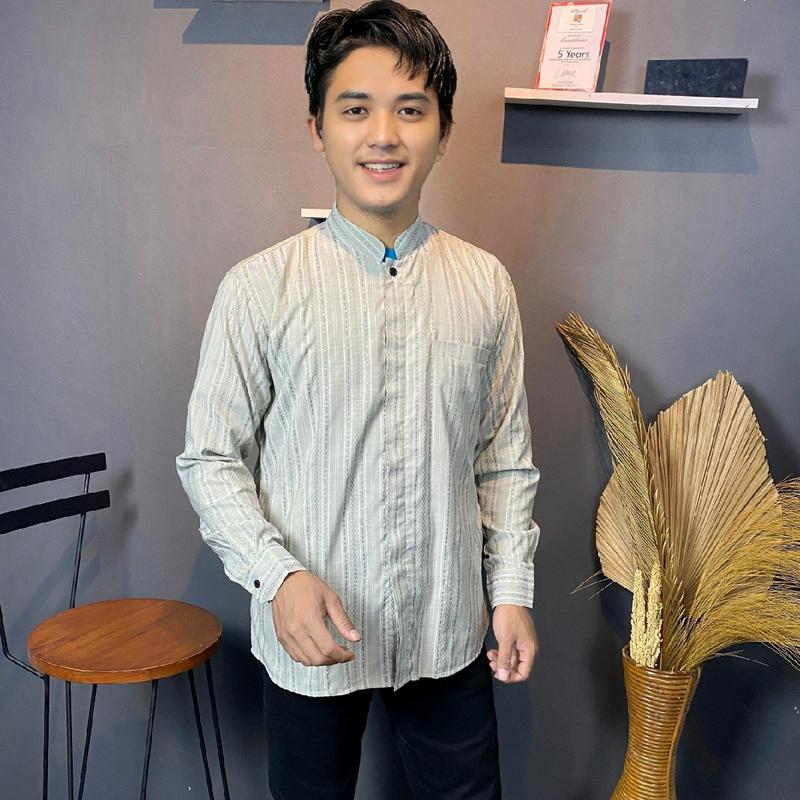 HM - Kemeja koko pria Dewasa lengan panjang Motif salur Batik, Atasan baju lebaran Keren Muslim terbaru 2025.Katun Formal Casual Santai 4