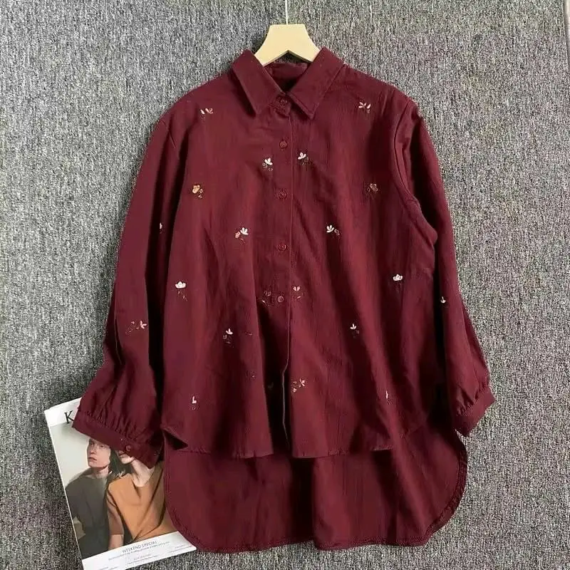 BASIC BLOUSE - Kemeja Bordir Wanita Motif Bunga Pololonen Korean Style Atasan Cewek Casual