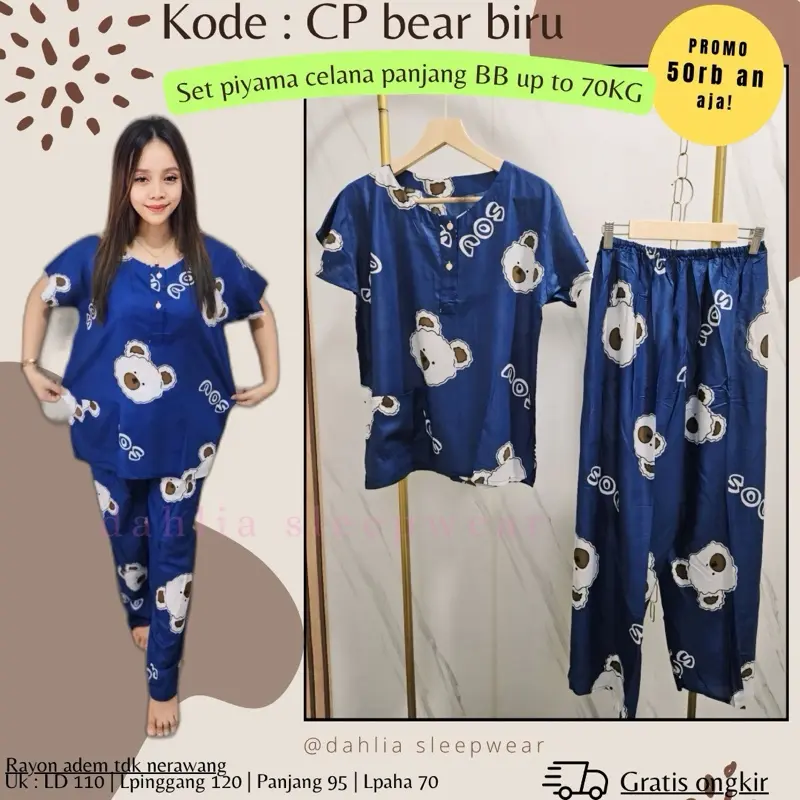 CP bear biru + piyama pendek/panjang tulis warna