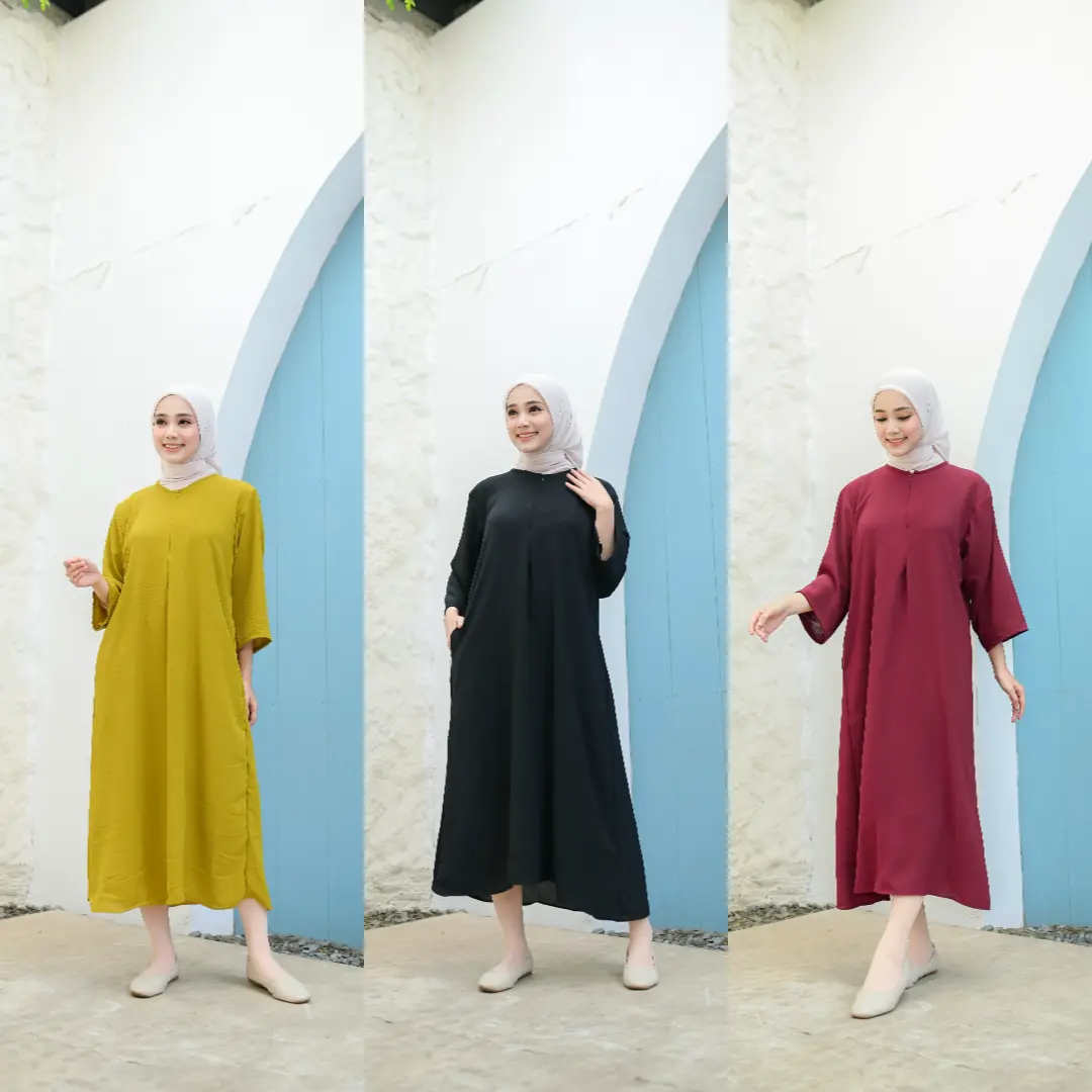 Paket 3pcs Daster Gamis Crinkle Polos Kekinian Lengan Tangan 3/4 Panjang Busui