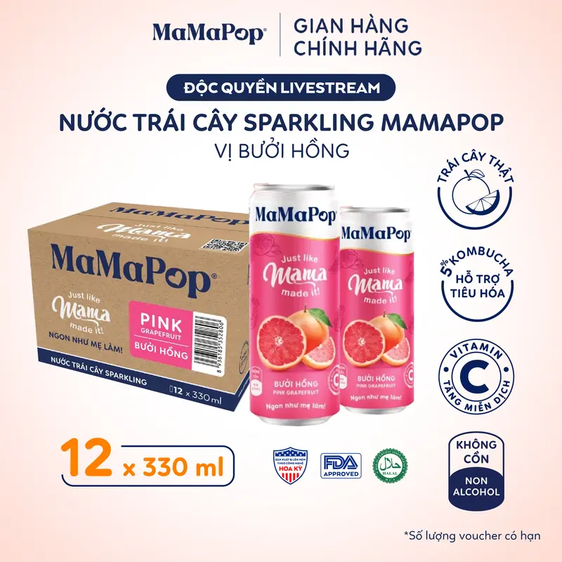 Mamapop thùng 12 lon nước trái cây sparkling vị Bưởi Hồng 330ml 0