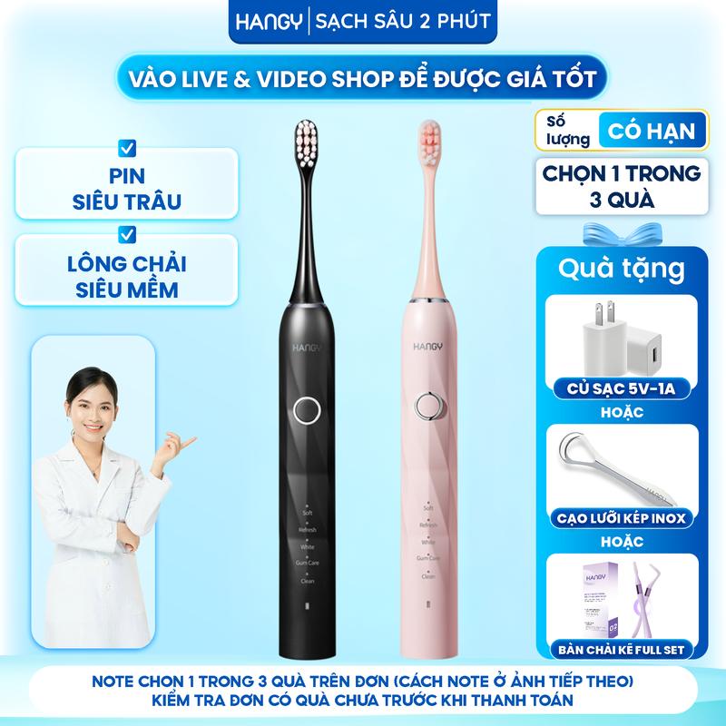 Bàn chải điện HANGY HY23PRO công nghệ sóng âm thông minh hỗ trợ cải thiện độ trắng răng và hỗ trợ cải thiện mảng bám. Bảo hành 2 năm - lỗi 1 đổi 1 trong 1 năm. Tặng kèm 4 đầu chải