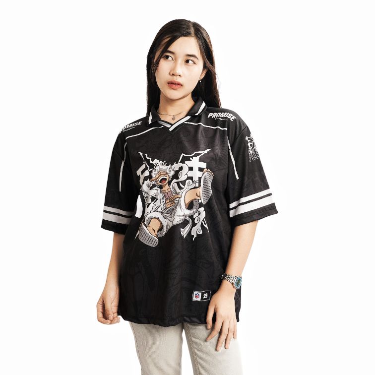 Jersey Boxy Oversize Jumbo PROMISE Onepiece Luffy Gear 5 Vintage Skena Unisex Pria Wanita Sport Big Size Hitam Putih