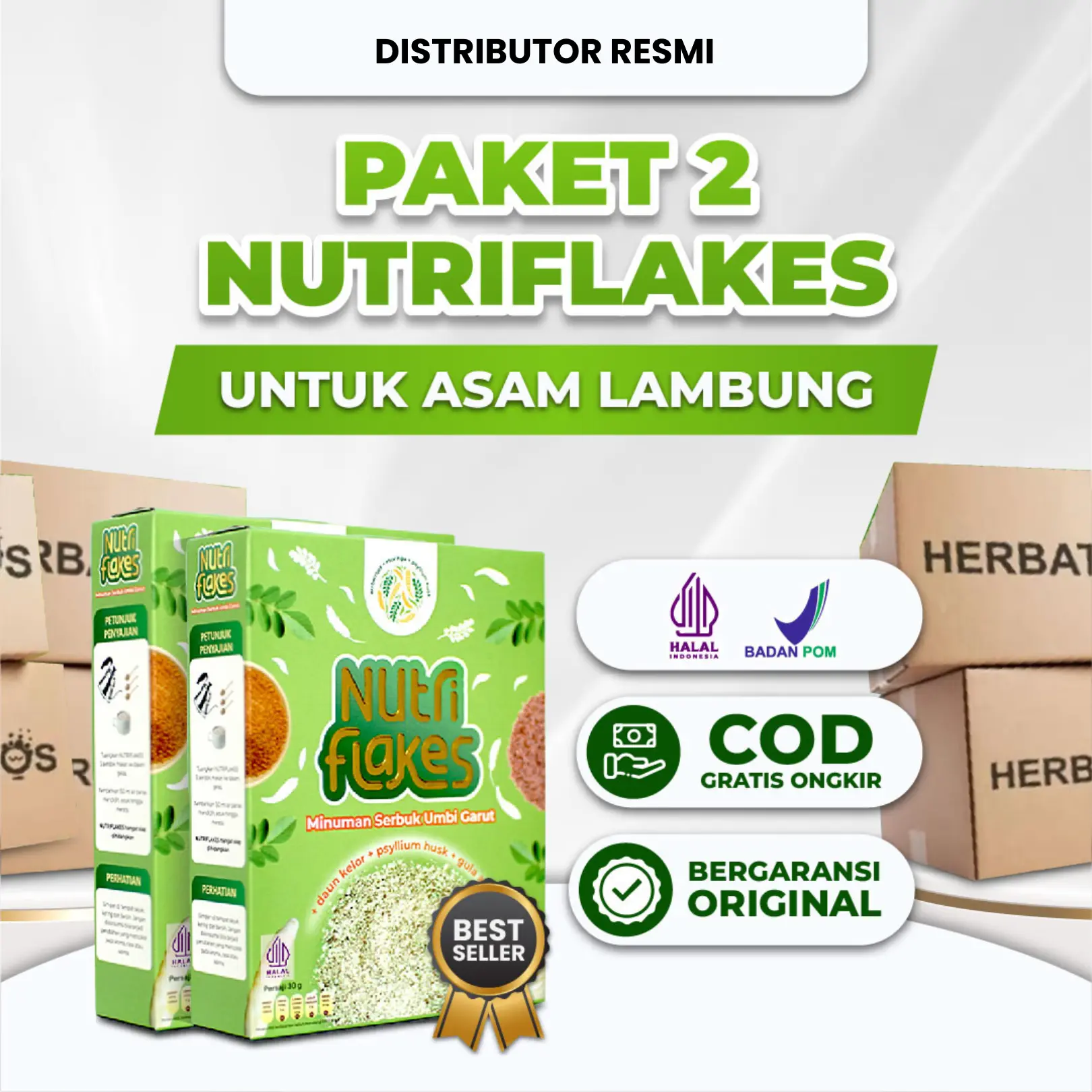 Paket 2 Box Nutriflakes Asli Sereal Pati Umbi Garut Untuk Asam Lambung Granola Oatmeal Halal MUI BPOM