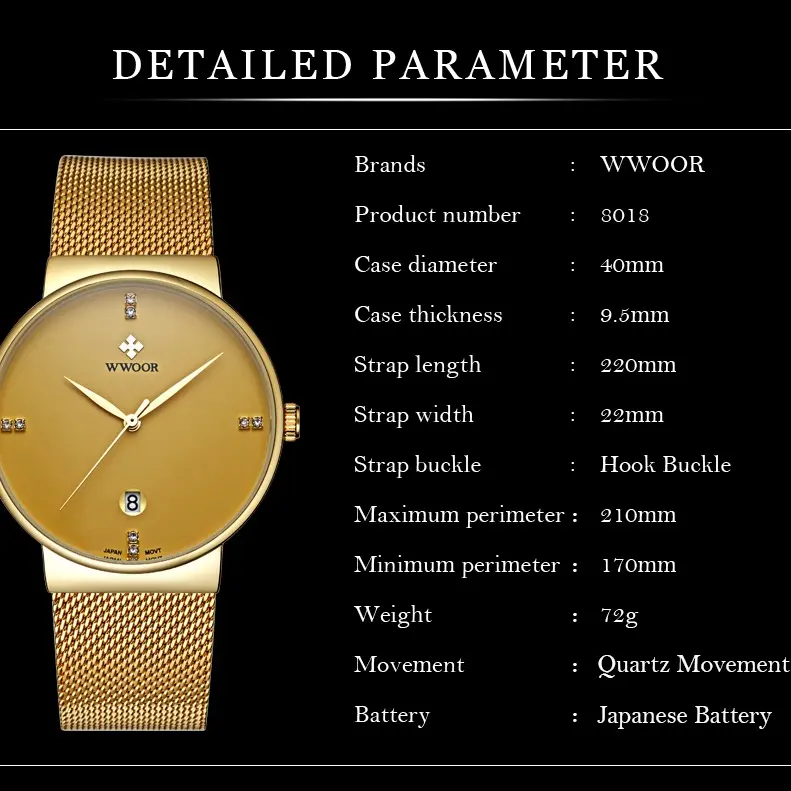 WWOOR-Men's Watch Đồng Hồ Thạch Anh Siêu Mỏng Cho Nam, Thương Hiệu Hàng Đầu, Không Thấm Nước, Có Lịch, Thời Trang Đeo Tay 4