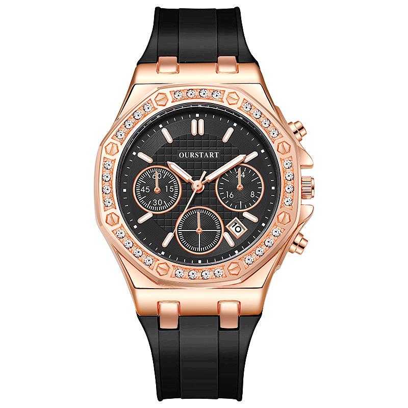 Product Introduction of New Light Luxury Temperament Watch Women's Young Fashion Diamond Calendar Quartz Silicone Watch 18