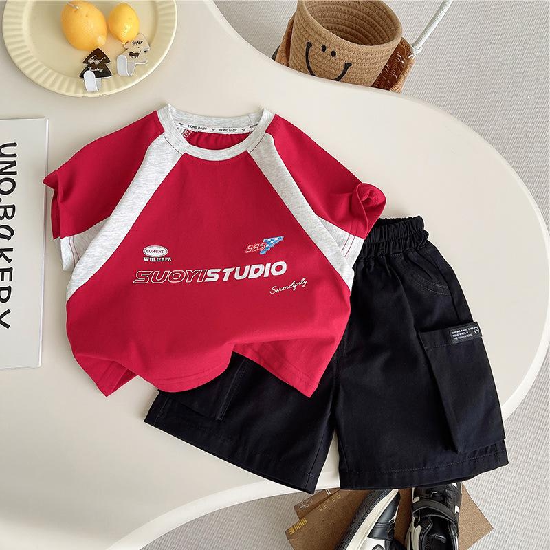 [HaDuyenKids] Bộ Cộc Tay Cho Bé Trai STUDIO Xám Đỏ Quần Kaki Vải Cotton Co Giãn 4 Chiều