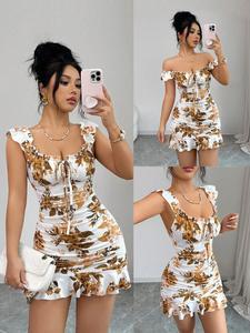Vestido mini ajustado de verano para mujer, tejido de punto con estampado floral, escote en V y un hombro descubierto, diseño calado con lazo, dobladillo fruncido elegante estilo francés