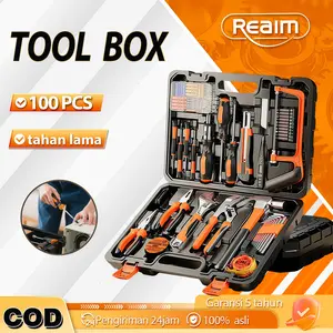 REAIM Tool Kit Set Lengkap Set Perkakas Rumah Tangga Kotak Peralatan Tukang 100PCS Set Obeng Tang Palu Kunci Inggris Meteran Cutter Kunci L Tool Box Plastik