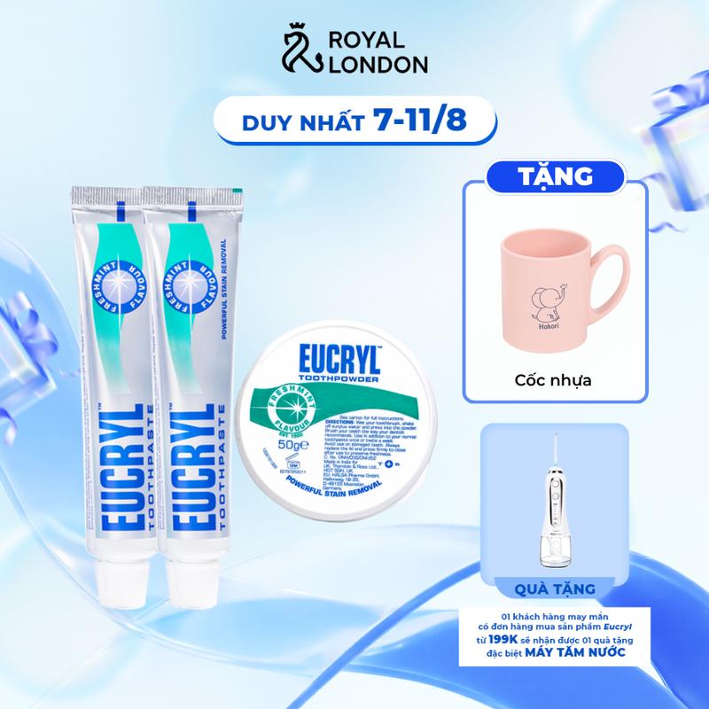 [ TẶNG CỐC NHỰA - EUGI017 ] Combo 2 Kem đánh răng Eucryl 62g + 1 Bột hỗ trợ trắng răng Eucryl 50g