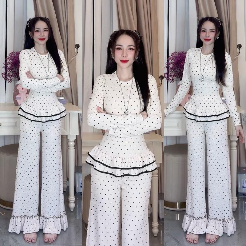  Mã C297 Set Áo Cổ Tròn Tay Dài Quần Suông Bèo Ống Quần Thun Gân Tăm Lạnh 