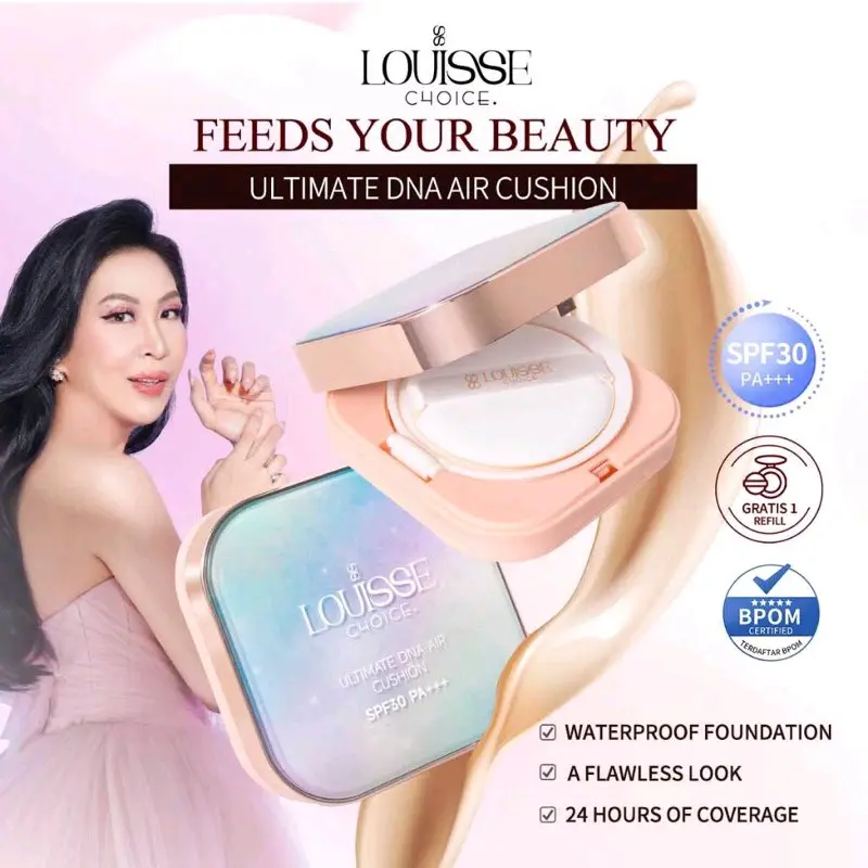 (Cushion+Refill) Louisse Choice Ultimate DNA Air Cushion Bedak Cair Full Coverage Tahan Lama Glowing Matte Natural Tone Up Berkrim Kontrol Minyak Pengecil Pori-pori Hidrasi High Coverage Niacinamide Concealer Foundation Aging Cosmetic Extract Wajah
