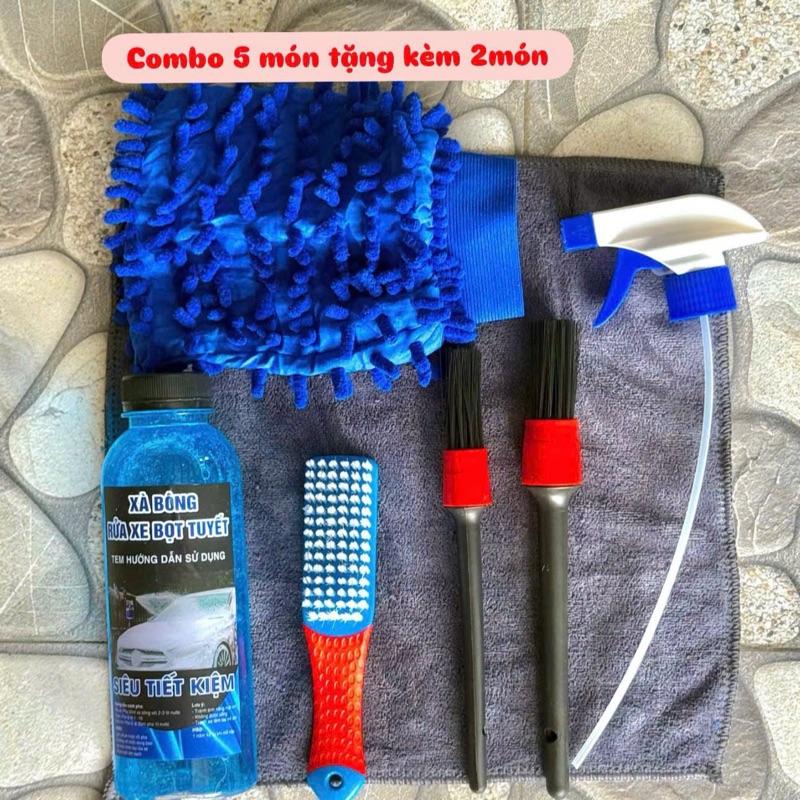 Combo Rửa Xe 5 Món Xà Bông 500ml Xanh Dương Bao Tay Rửa Xe Cọ Đen Chi Tiết Chà Bánh Khăn lau xe