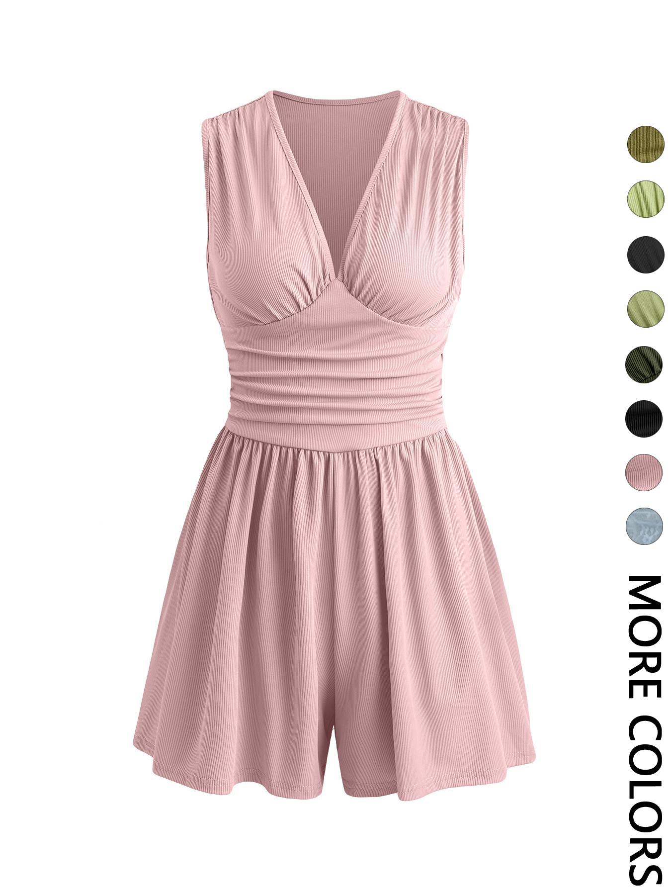 Women's Plain Ruched Deep V Neck Tank Romper, Elegant Sleeveless Romper For Summer, Fashion Casual Ladies Clothes For Daily Wear