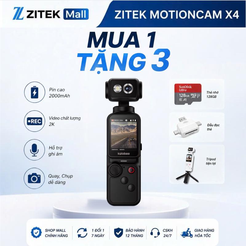 Zitek MotionCam X4 2K - Camera Quay Vlog Cầm Tay, Xoay Ngang 300°, Zoom In/Out, Hỗ Trợ Tiếng Việt, Quay Đêm Có Đèn Trợ Sáng