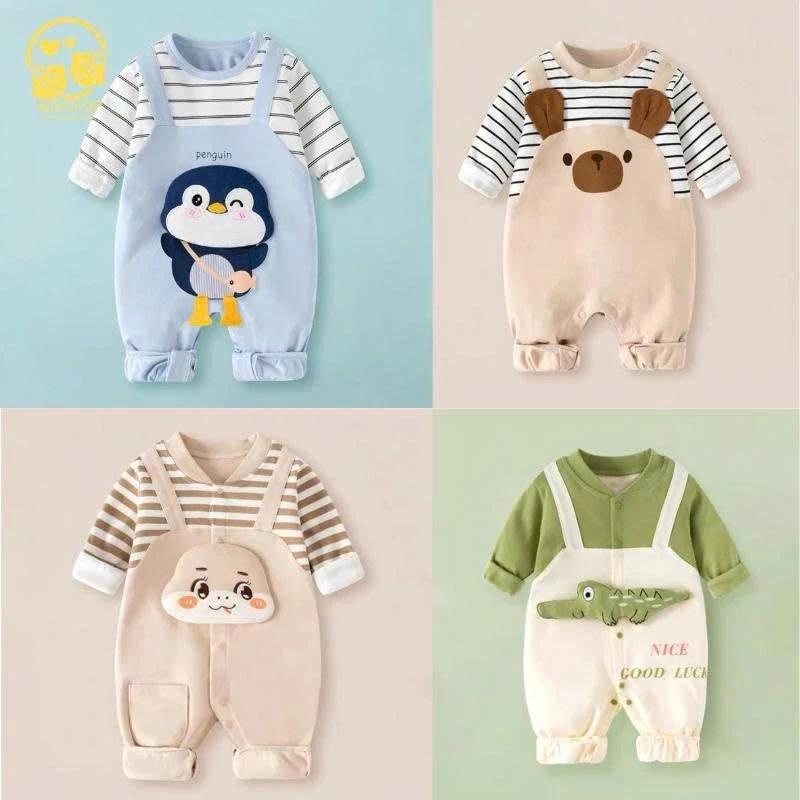 Bodysuit dài tay cho bé Hình Thú dễ thương mẫu yếm liền thân bé gái bé trai chất thun mẫu quần áo sơ sinh 0-12M