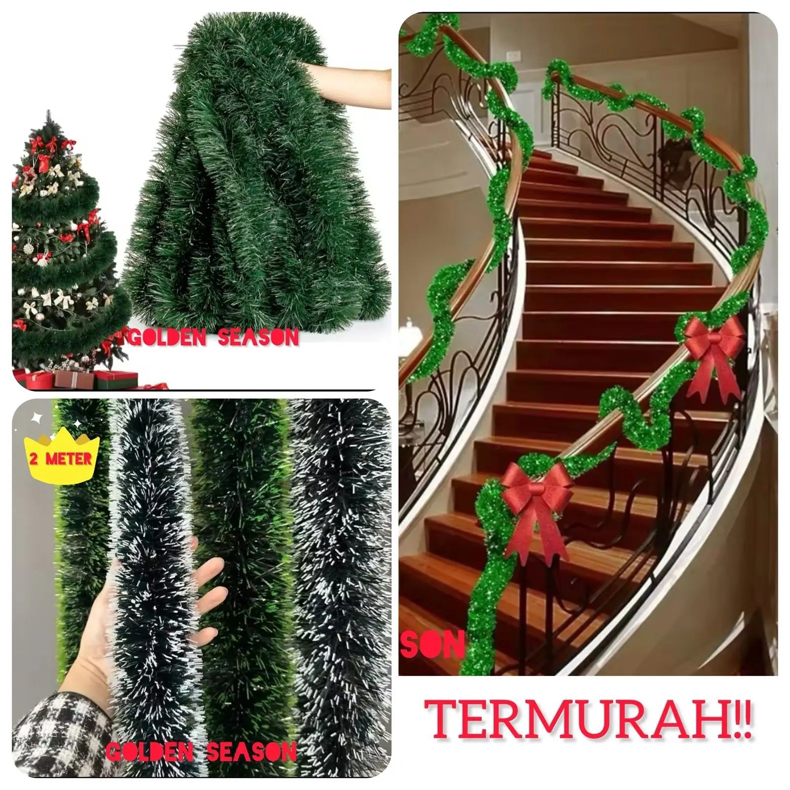 SLINGER NATAL PREMIUM 2 Meter GARLAND TINSEL HIJAU SALJU SlINGER DEKORASI POHON GEREJA HIAS