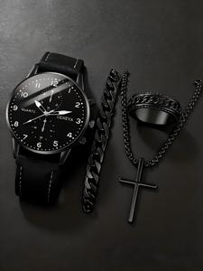 Reloj de cuarzo casual para hombre, con conjunto de collar, anillo y pulsera, reloj de estilo de negocios con banda de PU, conjunto de reloj elegante como regalo para todas las ocasiones