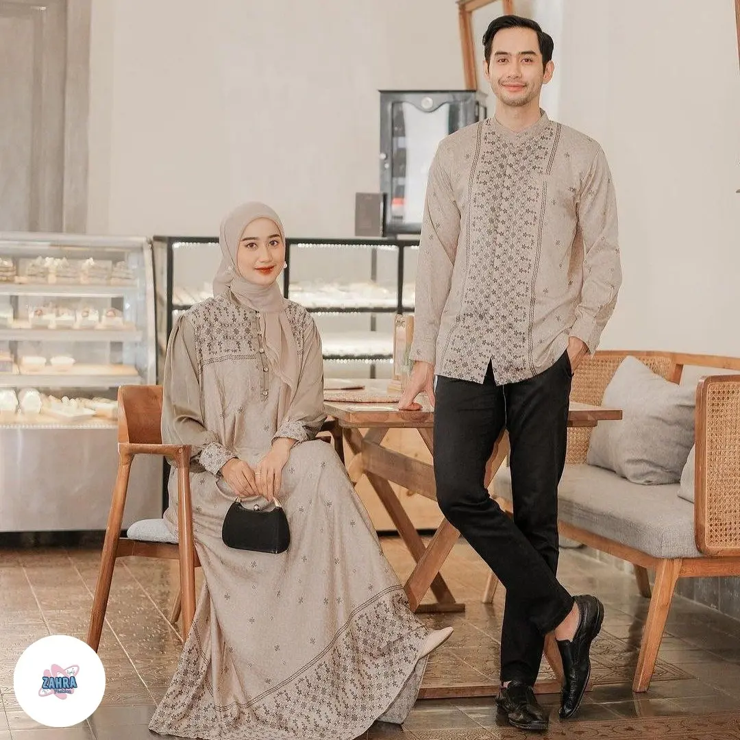 Setelan Baju Couple Maxmara Silk Kradensa Sakura - Gamis dan Koko Panjang - Astetic Motif Terbaru Syabana - Pasangan lebaran Sarimbit Muslim Dewasa Kondangan