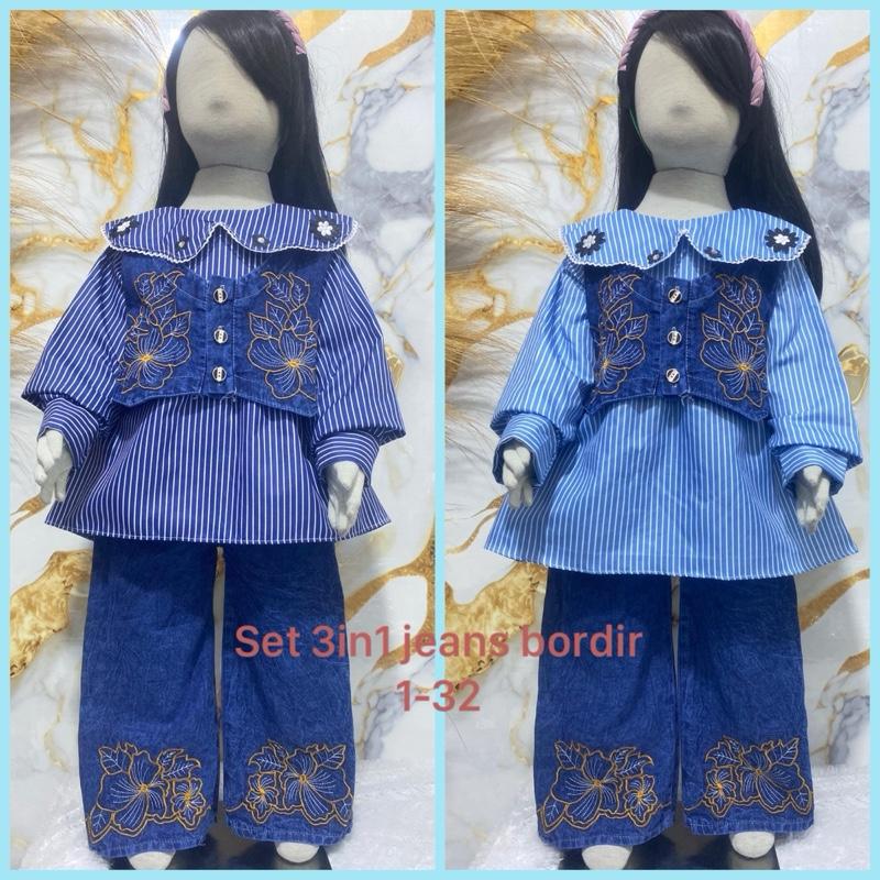 BINTANG KIDS /VEST BORDIR/ SETELAN ROMPI 3in1 JEANS BORDIR MIX SALUR ANAK PEREMPUAN USIA 3 TAHUN - 12 TAHUN/ SETELAN JEANS BORDIR ANAK /SETELAN VIRAL ANAK /SETELAN ANAK TERBARU