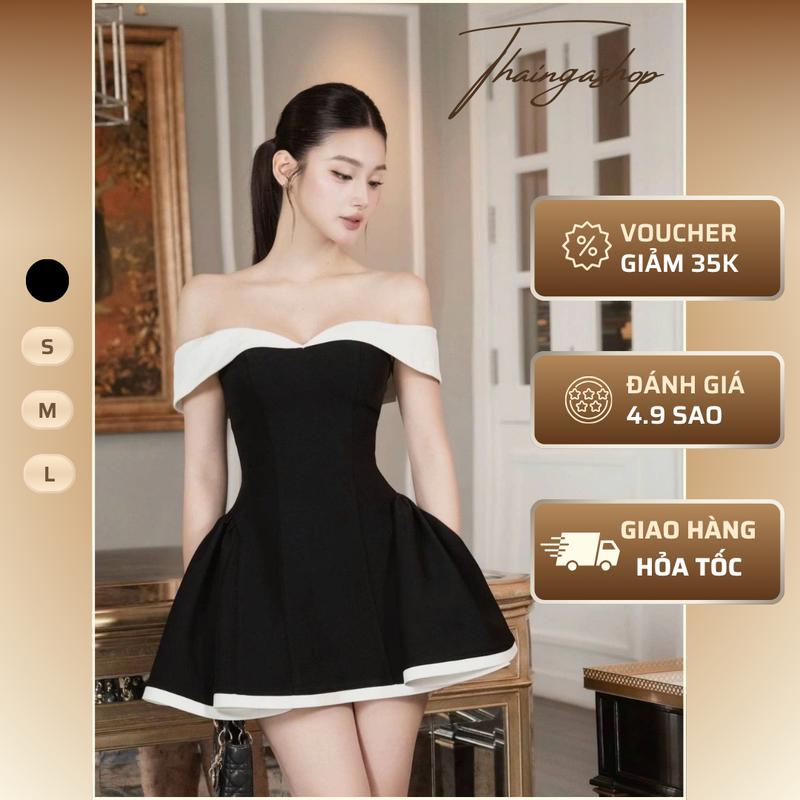   MỞ BÁN – TẶNG Quần Bảo Hộ  Đầm Dự Tiệc Trễ Vai  Eo Phối Viền Trắng Dáng Xòe Ngắn Sang Trọng  D1423 