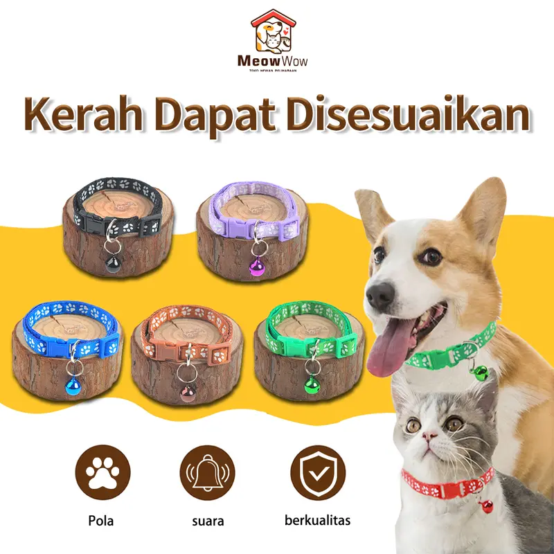 MEOWWOW Kalung Lonceng Hewan / Tali Leher Anjing Motif Tapak Kaki Adjustable / Kalung Kucing Anjing Reflektif Lonceng Pet Cat Collar Aksesori Hewan 0
