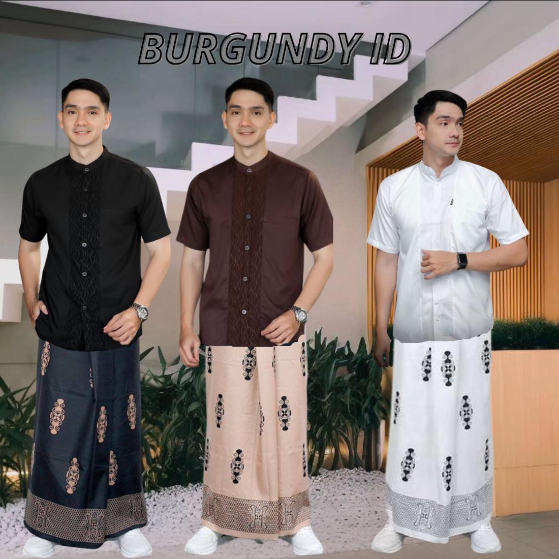 (SET) Sarko Sarung Instan Tali Pinggang Koko Dewasa Warna Mahogany Putih Hitam Motif Embos - Baju Koko Lengan Pendek Dan Sarung Motif Sarwon -Sarko Lebaran 2026