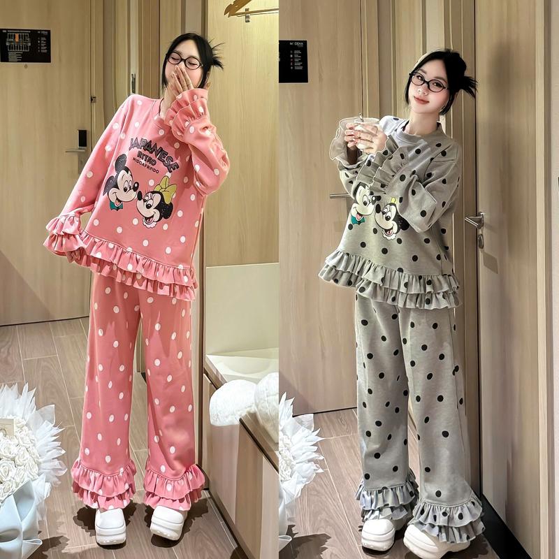  Bộ Đồ Nữ Chấm Bi Hoạt Hình In Toàn Thân Dễ Thương Viền Bèo Quần Ống Suông Hồng Xám TTN500 