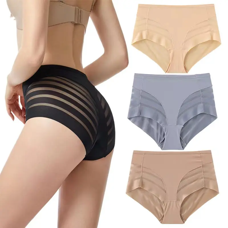 Enlarged Fat Women's Underwear Ice Silk Traceless Underwear High Elastic Mid Waist Large Size Breathable Mesh Sexy Lace Women's Triangle Pants