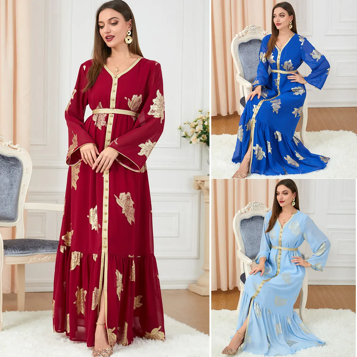 Baju Raya Middle East Dubai Muslim women's clothing with belt abaya fashion high-end hot stamping dress