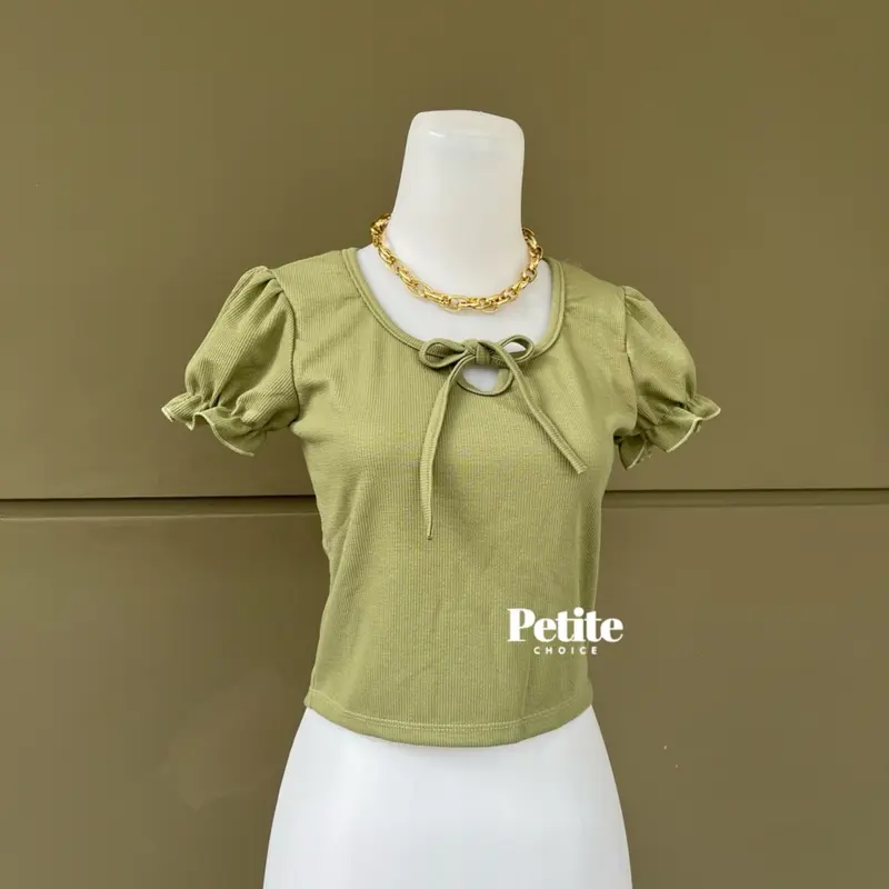 Petitechoice | KATHIE Top - Atasan Wanita Stretch Rajut Casual Puffy Shoulder Sailor Neck Leher V Knit coquette bow 6