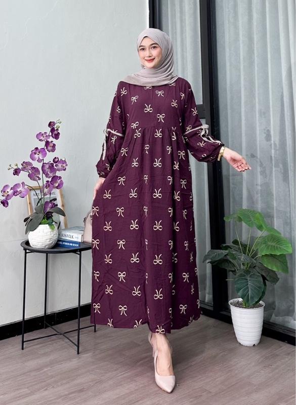 Gamis rayon kekinian motif pita lengan panjang | gamis rayon adem motif terbaru busui ld 120 best