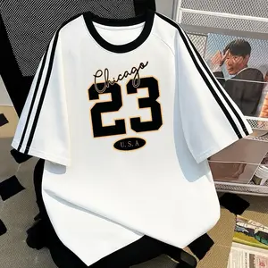 Delano Clothing- Kaos Lengan Pendek Garis Dua T-shirt Korean Style Gambar Angka 23 Chicago USA Bahan Cotton Nyaman dan Halus Katun