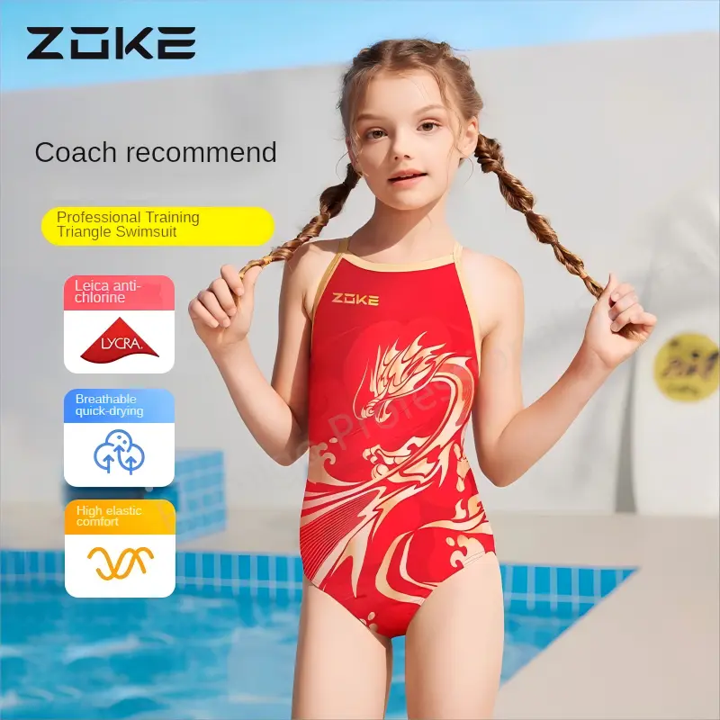 Red Girls Swimsuit ZOKE Professional Training Sporty Swimwear Upf 50+ Sun Protection For Girls (Ages 3-16)