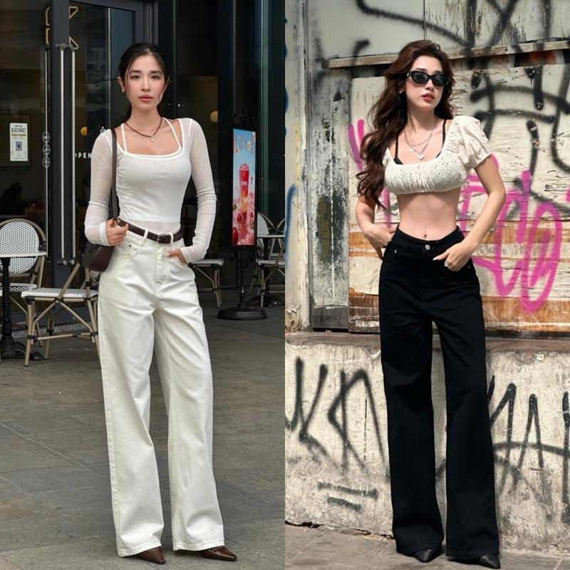 MYUN - Quần Jean  Nữ trắng ống rộng dáng suông cạp cao, quần bò trắng vải XK JR0003